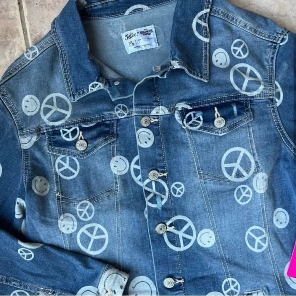 Justice Stranger Things Limited Discharged Denim Jacket Peace Smiley Face Sz XL